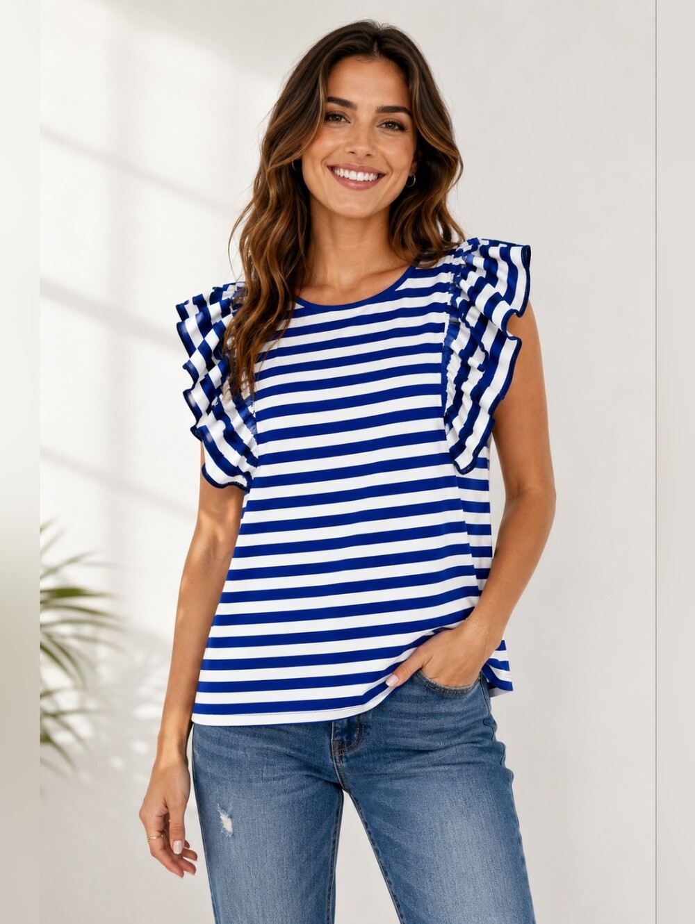 Dazign Blue White Striped Ruffle Sleeve Top XL Casual Summer Blouse